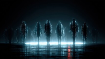 Mysterious figures emerge from the shadows, bathed in an eerie blue glow, creating a sense of anticipation and intrigue. ..Created with Generative AI, not depicting real subjects.