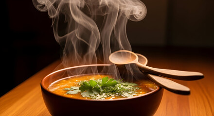 Warm, Delicious Soup in a Bowl, with Fresh Herbs and Wooden Spoons Presenting Delightfully