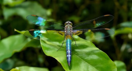 Close up of a beautiful blue dragonfly with iridescent wings resting on a green leaf in nature.