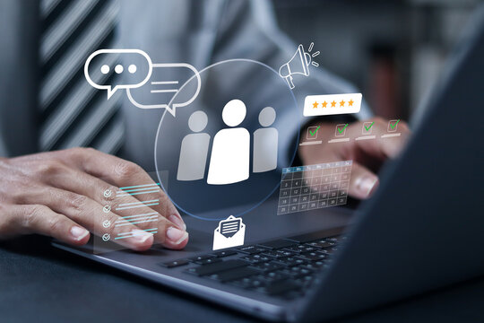 CRM customer relationship management concept. business sales marketing system and CRM database analysis. Businessman use laptop with virtual icon.