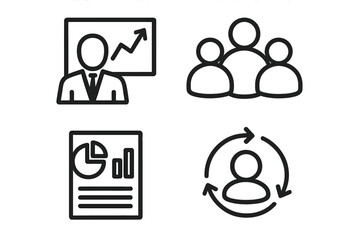 Business management icon set for teamwork and collaboration. Line art icons for presentation, growth chart, data analytics report, and workflow process cycle. Vector.