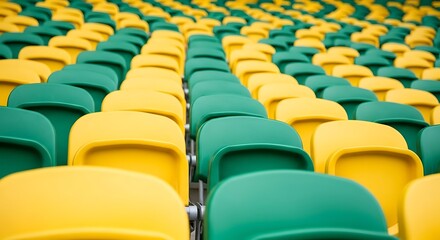 Rows of bright yellow and emerald green stadium seats, creating a striking visual pattern.