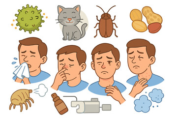 Allergy symptoms and triggers icon set. Man with hay fever, sneezing, runny nose, skin rash. Allergic reaction to cat, pollen, dust mite, peanut food. Medical health vector.
