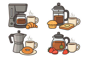 Coffee and tea brewing methods vector icon set. Breakfast food and drink cartoon illustrations. Drip machine, french press, moka pot, teapot, croissant, muffin, toast, bagel.