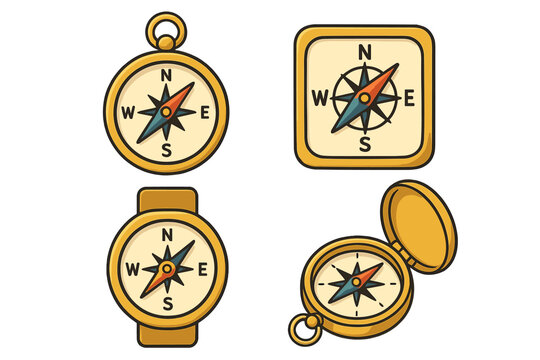 Compass collection vector set for navigation and exploration. Various styles including classic, watch, and pocket compass. Adventure, travel, and direction concepts. Cartoon icon.