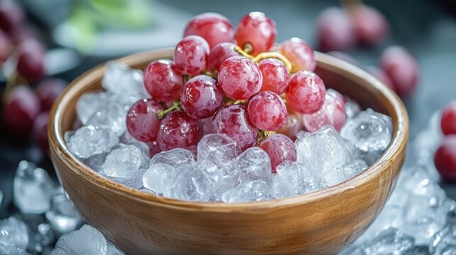 Fresh red grapes in wooden bowl with ice cubes for a refreshing snack