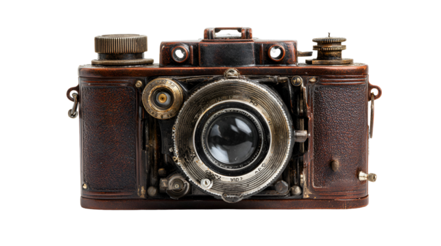 Aged Brown Camera Capturing Memories of Yesteryear on a Transparent Isolated Background