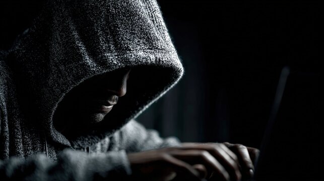 A mysterious figure, cloaked in a hooded sweatshirt, is absorbed in intense activity at a laptop, shrouded in shadows. ..Created with Generative AI, not depicting real subjects. - Powered by Adobe