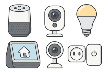 Smart home technology vector icon set. Internet of Things (IoT) devices collection. Includes smart speaker, security camera, light bulb, display, and plug. Modern cartoon style.