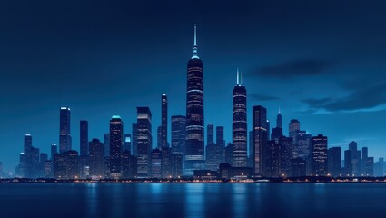 Obraz premium A tranquil cityscape panorama at night, showcasing a skyline of dark, illuminated skyscrapers reflected on a placid body of water.