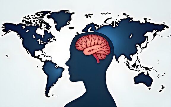 World brain tumor day illustration featuring a head silhouette and world map background. High quality