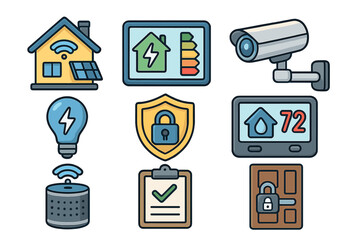 Smart home technology icon set. Vector illustration of residential automation, energy management, and security solutions. IoT concept with solar power, smart lock, and CCTV.