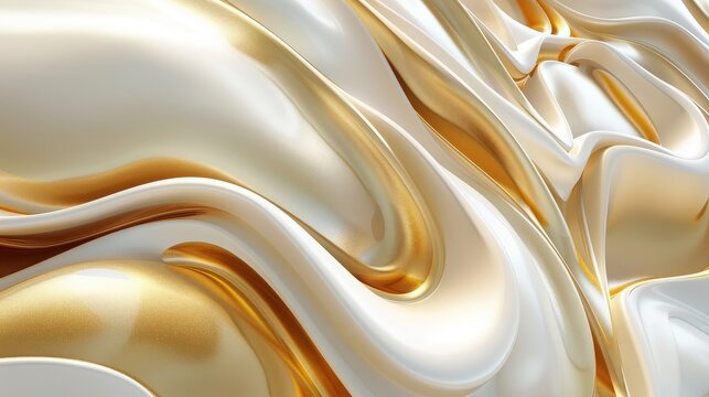 Abstract white and gold liquid background with metallic texture and waves