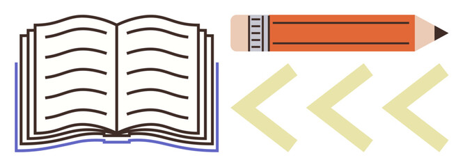 Open book with handwritten lines, orange pencil, and yellow chevrons. Ideal for education, writing, reading, creativity, knowledge storytelling and content creation. Clean simple flat metaphor