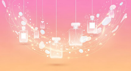 Abstract representation of perfume bottles suspended in a glowing, ethereal network against a soft pink and orange gradient background