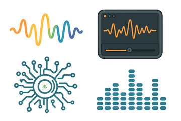 Digital interface elements collection with sound waves, circuit board, and audio equalizer. Music player GUI, data visualization, and AI technology vector icon set.