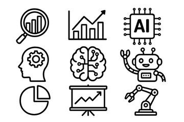AI line icon set with data analysis, robotics, machine learning. Technology vector icons. Analytics, robot, automation, big data, statistics, presentation, chart, graph, brain.