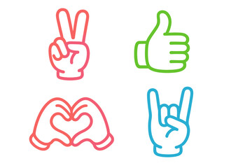 Set of colorful hand gesture icons. Peace sign, thumbs up for approval, heart shape for love, and rock on for fun. Vector cartoon illustration of communication symbols.