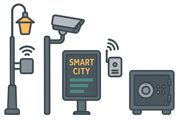 Smart city icon set. Internet of Things (IoT) concept. Urban infrastructure and public safety technology. Security camera, street light, sensor, digital sign, safe vector.