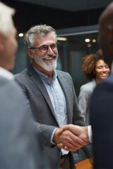 Executives exchanging a firm handshake at the end of a meeting, smiles and nods close the session, the mood feels respectful and accomplished, Generative AI