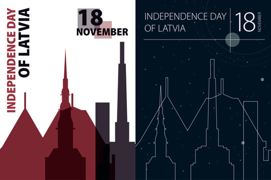 Latvia Independence Day poster pack. Vector illustrations with Riga, capital city skyline and landmarks shape for holiday card, print, event, brochure. Modern template