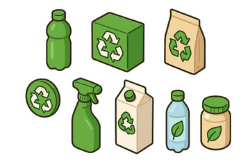 A collection of isometric recycling icons for sustainable packaging design. Eco-friendly concepts for waste sorting, reuse, and environmental care with green vector symbols.