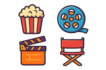Fototapeta premium Movie and cinema icon set with popcorn, film reel, clapperboard, and director chair. Flat cartoon vector illustration for film production, entertainment, and movie night concepts.