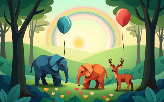 illustration of elephants in forest,Creative Origami design world environment and earth day paper cut and craft concept.Landscape Wildlife animal with Deer in nature by rainbow and balloons.vector. - Powered by Adobe