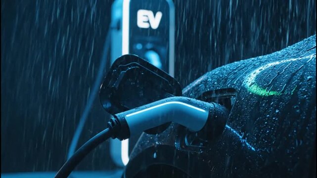 Close-up shot of an electric vehicle being charged in heavy rain, illuminated with futuristic blue lighting. Perfect for concepts of EV charging, clean energy, sustainable transportation, future mobil