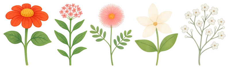 PNG Colorful illustrated flowers collection, element set on transparent background