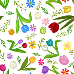 HD Seamless Tulip Floral Pattern Crayon Texture with Transparent Background for Fabric, Wallpaper, and Packaging