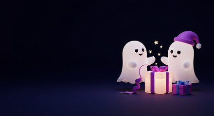 Fototapeta premium Two glowing ghosts packing a gift box with copy space on the left side. Ideal for Cyber Monday sales promotions, e commerce banners, website hero images