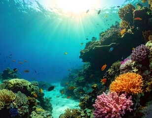Fototapeta premium Underwater coral reef scene with vibrant colors and sunlight