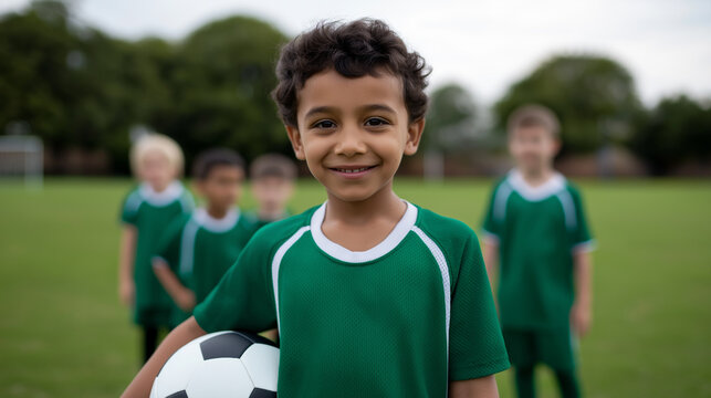 Smiling boy in green soccer uniform holding ball on field with teammates. 
