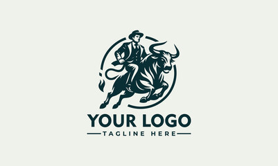 A vintage-style logo featuring a man riding a bull, symbolizing strength and success.