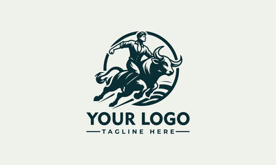 A stylized logo featuring a person riding a bull, conveying strength and action.