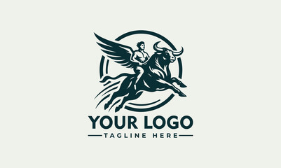 A winged woman rides a charging bull, encircled within a logo design.