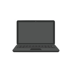 Illustration of a gray laptop computer with a dark screen and keyboard.