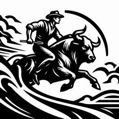 A cowboy in a hat riding a bucking bull, depicted in a black and white illustration.