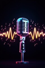 A vintage microphone against a backdrop of neon musical notes and sound waves, radiating a vibrant and energetic mood.