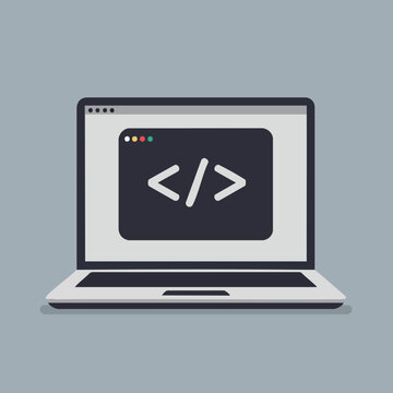 Laptop screen displaying code angle brackets.