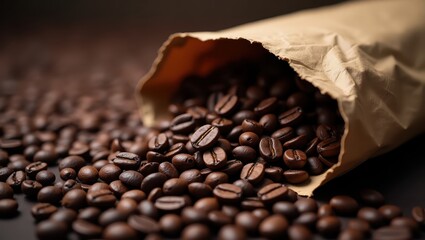 Obraz premium A close-up view of roasted coffee beans spilling from a kraft paper bag onto a dark surface, showcasing the rich brown tones and textures of the beans.