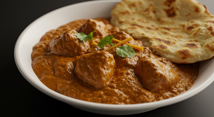 spicy chicken curry with large chunks of chicken in a rich tomato sauce served with fresh Indian naan bread on a white ceramic plate