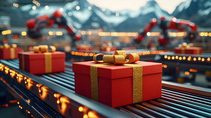 Automated conveyor belt with colorful wrapped Christmas gifts, symbolizing modern holiday shipping, festive logistics, fast fulfillment, and efficient seasonal delivery process in warehouses