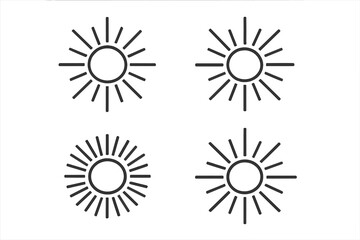 Flat style sun rays vector icons with transparent background, circular and linear sunburst design elements, minimalistic sunbeam shapes, set of four, graphic illustration for design