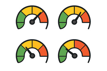Colorful speedometer icons set, flat design speed gauges with green, yellow, orange sections, vector cartoon illustration, performance meter symbols collection, web icon set
