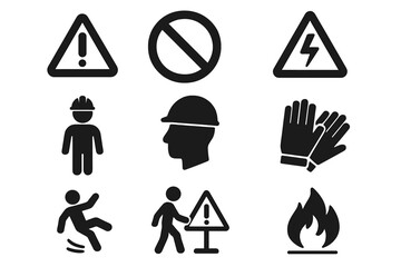 Safety and caution icons set. Silhouette warning, accident prevention symbols. Vector illustration for construction workplace safety. Hazard sign for fire, electricity, fall risk.