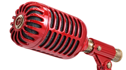 Classic Red Microphone with Gold Accents on Transparent Background for Professional Audio Recording and Broadcasting