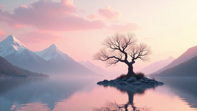 A serene, pastel-hued landscape showcases a solitary, leafless tree on a small island in a calm lake, nestled between snow-capped mountains bathed in a soft, rosy sunrise. - Powered by Adobe