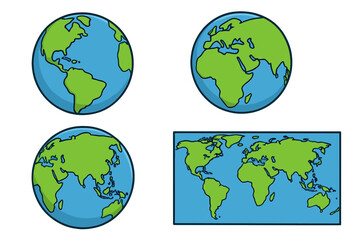 Vector set of cartoon globes showing different continents and world map. Planet Earth icon collection with views of America, Europe, Asia. Global travel and geography concept.